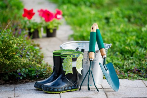 Expert gardener and pressure washing professional at work